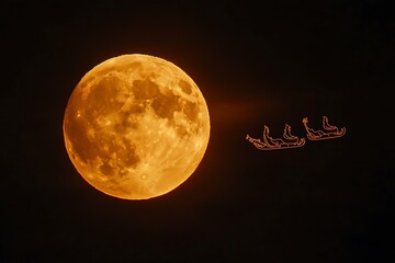 A Silhouette of Santa and His Sleigh Flying Across the Moon Isolated on Transparent. PNG.