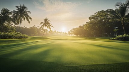 Poster - A serene golf course bathed in morning light, Pristine clubs arranged meticulously, Classic sports style