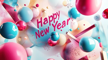 Poster - Vibrant Festive Banner Design with Happy New Year Message in Bold Colors and Playful Elements