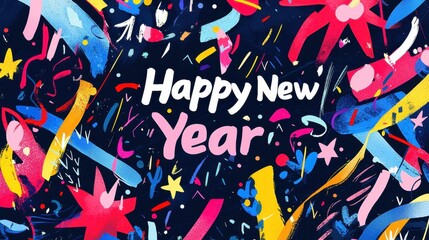 Poster - Colorful and Playful Illustrated Design for Happy New Year Celebration with Festive Elements and Cheerful Vibes