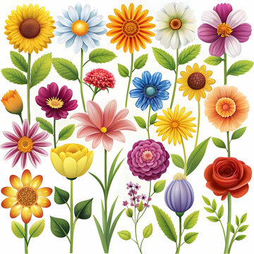 A set of colorful, different types of flowers in a vector style, showcasing a variety of shapes, sizes, and vibrant hues.