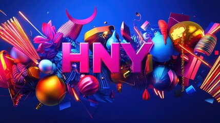 Poster - Vibrant 3D Design Featuring Bold Typography and Colorful Elements for New Year Celebration