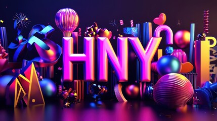 Poster - Vibrant 3D HNY Design with Bold Typography and Colorful Festive Elements
