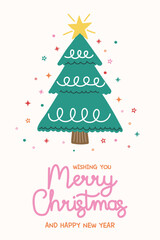 Wall Mural - colourful christmas greeting card in cartoon style. funny hand drawn decorated tree. vector illustra