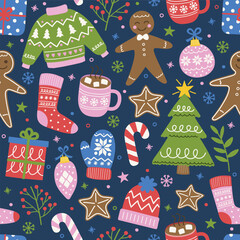 Wall Mural - Colourful Christmas seamless pattern with cartoon decorations. Vector illustration