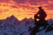 © EliteStock - A male hiker in a red jacket sits on a mountain peak, gazing at a breathtaking sunset over snow-capped peaks.