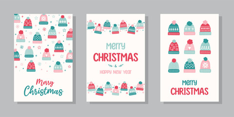 Wall Mural - collection of christmas posters with decorations in cartoon style. greeting card with hand drawn win