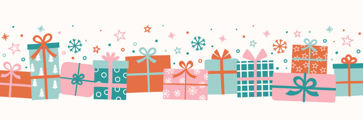 Wall Mural - christmas banner in cartoon style. colourful gift boxes with bows. vector illustration