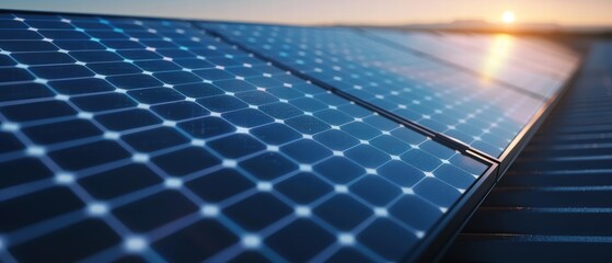 Close-up of solar panels reflecting sunlight at sunrise.