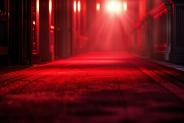 Poster - Elegant corridor with red carpet leading to bright light creating a dramatic atmosphere