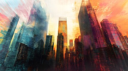 Wall Mural - Abstract Cityscape Painting Modern Buildings Sunset Hues