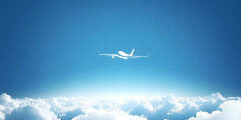 Wall Mural - White plane in the blue sky rises flying above the clouds. Vector background template