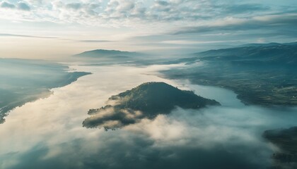 Aufkleber - Bird eye view of Taal Volcano surrounded by Taal Lake, with mist rising softly under the morning light, in 4K resolution