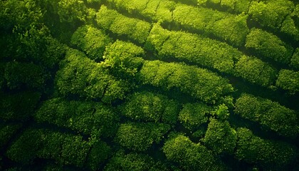 Poster - Bird eye view of the lush tea plantations in Cameron Highlands, with vibrant green rows stretching into the distance under soft light, in 4K resolution