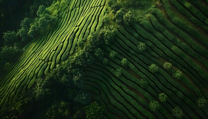 Poster - Bird eye view of the lush tea plantations in Cameron Highlands, with vibrant green rows stretching into the distance under soft light, in 4K resolution