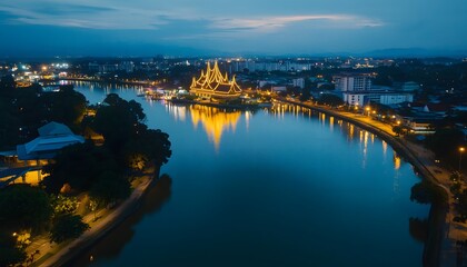 Poster - Bird eye view of the bustling Kuching Waterfront, with vibrant city lights reflecting on the calm waters of the Sarawak River, in 4K resolution