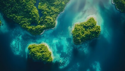 Poster - Bird eye view of a lagoon with shades of turquoise and blue, surrounded by lush green islands under soft light, in 4K resolution