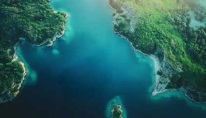 Poster - Bird eye view of a lagoon with shades of turquoise and blue, surrounded by lush green islands under soft light, in 4K resolution