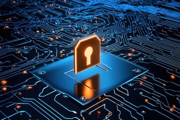 Poster - Digital lock symbolizing cybersecurity and data protection on a circuit board backdrop