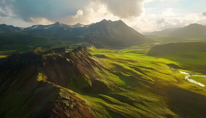 Poster - Bird eye view of the vibrant Landmannalaugar highlands, with colorful rhyolite mountains glowing under soft light, in 4K resolution