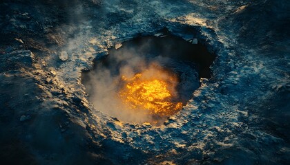 Poster - Bird eye view of a hot spring in Reykjadalur Valley, with vibrant blue and orange tones glowing under soft morning light, in 4K resolution