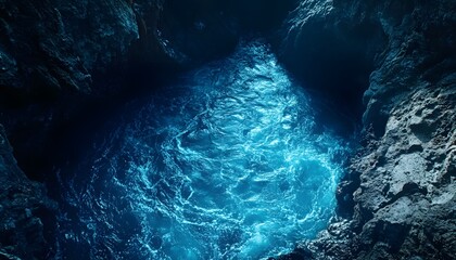 Poster - Bird eye view of the serene Grjotagja cave, with vibrant geothermal waters glowing softly under natural light, in 4K resolution