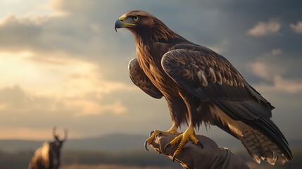 Poster - Front view of a wild eagle perched on a nomads hand, with the vast steppe in the background under soft light, in 4K resolution