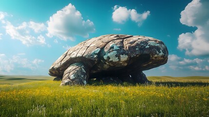 Poster - Front view of the iconic Turtle Rock in Terelj National Park, glowing under a bright blue sky, surrounded by vibrant green meadows, in 4K resolution