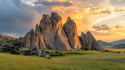 Poster - Front view of the dramatic rock formations at Ikh Gazriin Chuluu, glowing softly under a golden sunset, in 4K resolution