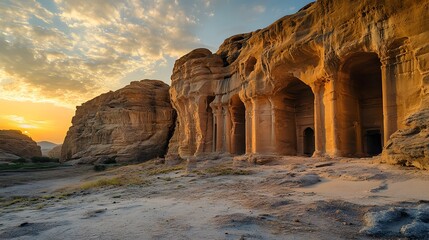 Poster - Front view of the dramatic rock formations at Ikh Gazriin Chuluu, glowing softly under a golden sunset, in 4K resolution