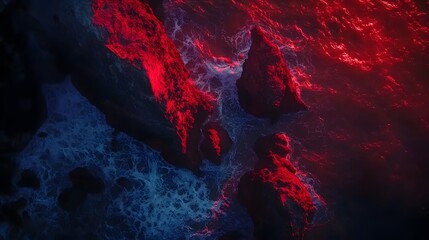 Poster - Aerial shot of the dramatic rock formations in Bayanzag, with vibrant red cliffs glowing under the soft light of dusk, in 4K resolution