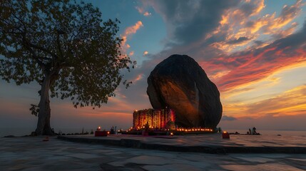 Poster - Front view of the serene Eej Khad sacred rock, with vibrant offerings glowing under a peaceful sky, in 4K resolution