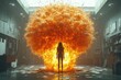 © EliteStock - A silhouetted figure stands amidst a massive explosion, showcasing a dynamic contrast between destruction and calm.