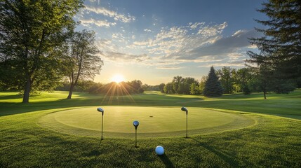 Aufkleber - A serene golfing session on a sunlit fairway, Golf clubs and tees set up for tee-off, Classic sports style