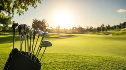 Aufkleber - A serene golfing session on a sunlit fairway, Golf clubs and tees set up for tee-off, Classic sports style