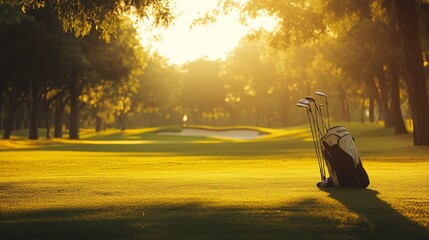 Aufkleber - A serene golfing session on a sunlit fairway, Golf clubs and tees set up for tee-off, Classic sports style