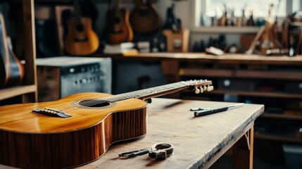 Poster - A serene guitar tuning station with tuning tools and a polished guitar neatly placed, A quiet room with soft lighting and a clean workbench, Minimalist musical style