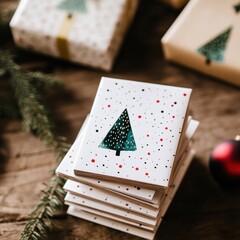 Poster - Colorful Christmas cards stacked on wooden table with wrapped gifts ready for the holiday season. Generative AI