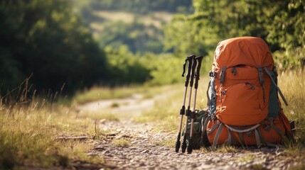 Poster - A serene hiking trailhead with backpacks and hiking poles neatly placed, A scenic outdoor area with a clear path and natural beauty, Minimalist adventure style
