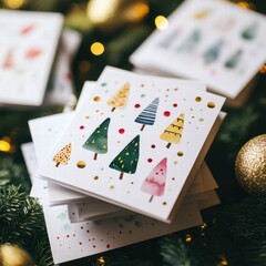 Leinwandbilder - Festive Christmas cards with colorful tree designs resting on a bed of greenery and golden ornaments. Generative AI