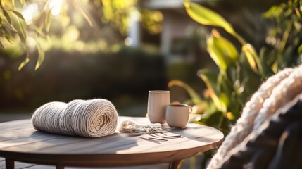 Aufkleber - A serene knitting station in a cozy garden nook, Yarn and needles neatly placed on a table, Minimalist outdoor style