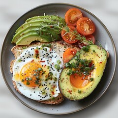 Poster - A minimal gray plate of a healthy breakfast including toasted barely bread, sunny side up eggs, sliced avocado, healthy sides. top view.