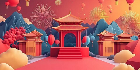 Vibrant Chinese New Year Celebration: C4D-Style Illustration with Red Pagoda, Fireworks, and Traditional Architecture. Symmetrical Geometric Design for Festive Marketing Backgrounds and AI-Generated W