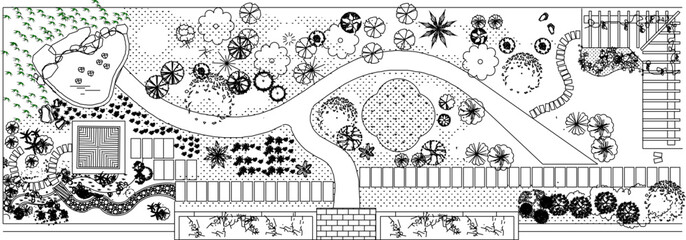 vector sketch, silhouette illustration, site plan design, garden layout with plants and trees seen from above.eps
