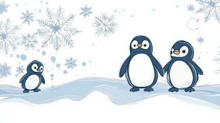 Poster - Winter themed doodle featuring playful penguins on snow covered ground with snowflakes falling in a chilly winter atmosphere. Generative AI