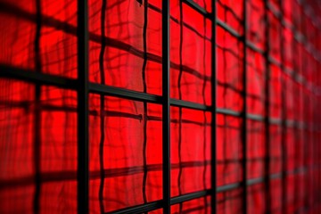 Poster - Red fabric draped behind a black metal grid creates an abstract, textured pattern
