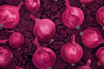 Canvas Print - Fresh red onions arranged on a dark floral background, creating a vibrant and colorful culinary inspired design