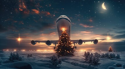 Poster - Airplane flying in the sky. Christmas tree in the foreground. Night sky, moon. Christmas atmosphere.