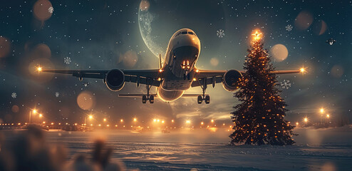 Poster - Airplane flying in the sky. Christmas tree in the foreground. Night sky, moon. Christmas atmosphere.