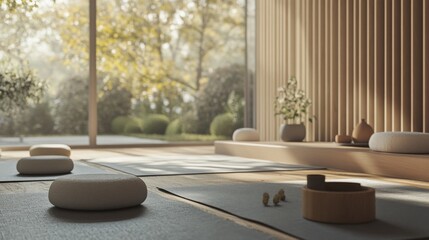 Aufkleber - A serene meditation room with yoga mats and meditation cushions arranged neatly, Soft natural light creating a peaceful ambiance, Mindfulness room style